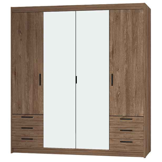 MASSENO ŠATNÍ SKŘÍŇ S OTOČNÝMI DVEŘMI ELENORA, 176,3/190,5/53 cm 4dveřová se zrcadlem, hnědá