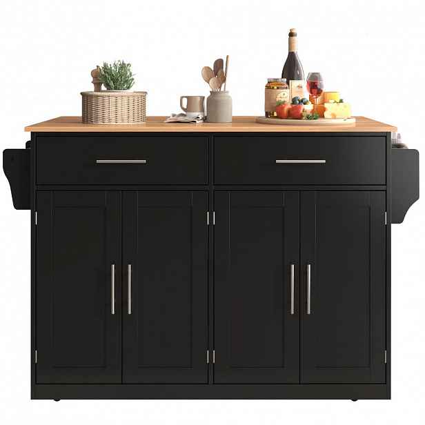 Modfu KUCHYŇSKÝ vozík z MDF 120x46(70)x91,5 cm černá/přírodní se sklopnou deskou, kolečky a dřevěnými nohami