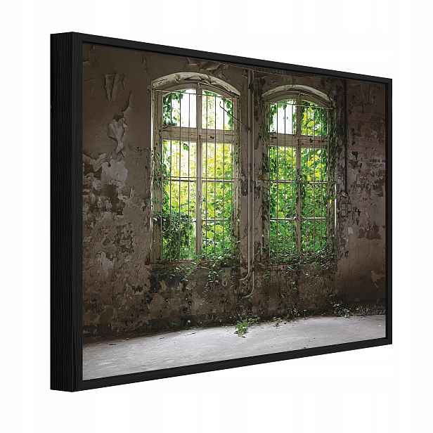 Obraz V Černém Rámu Na Plátně Okno 3D Les Budova Obývací Pokoj Ložnice 60x40