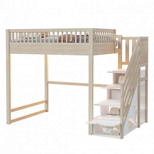 STILVORA HOCHBETT 140/200 cm in Natur mit Stauraumtreppe und LED
