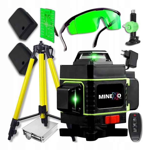 Laserová Vodováha 360 Rovinná 4D Křížový Laser Zelený 2AKU Stativ