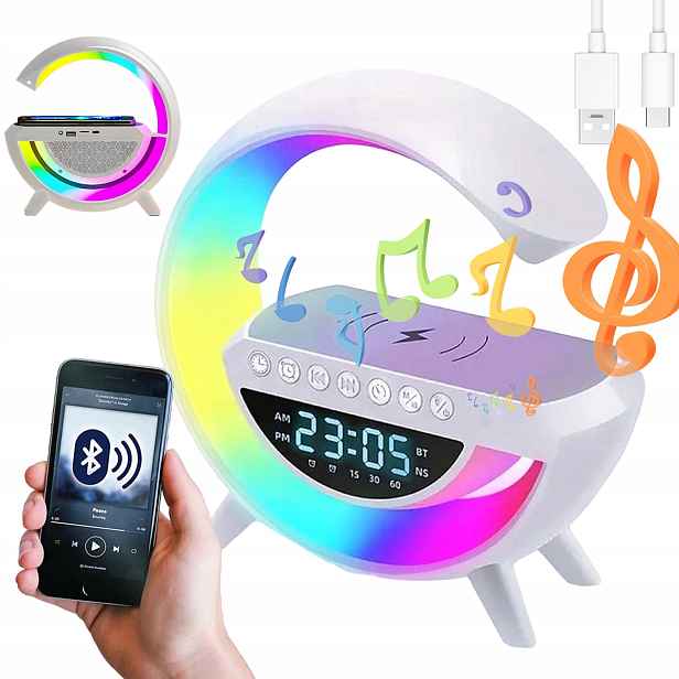 Noční Lampa Led Ovládaná Telefonem Nabíječka Qi Reproduktor Hodiny Budík Rgb