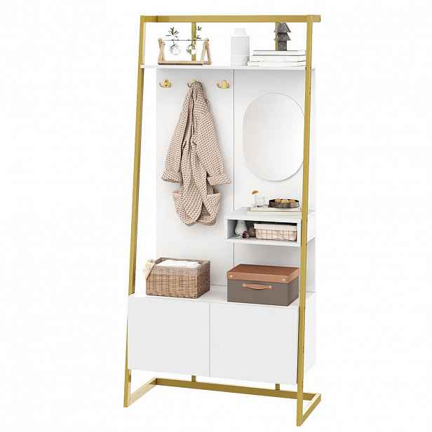 Redom PŘEDSÍŇOVÁ stěna 78/38,5/180,5 cm se zrcadlem, háčky, botníkem a úložným prostorem z MDF a kovu, Bílá