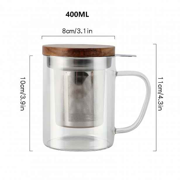 TEMU 1ks Skleněný čajový šálek s nerezovým čajovým sítkem a bambusovým víčkem, 400ml/13,5oz, s filtrem - odolný vůči teplu, opakovaně použitelný,