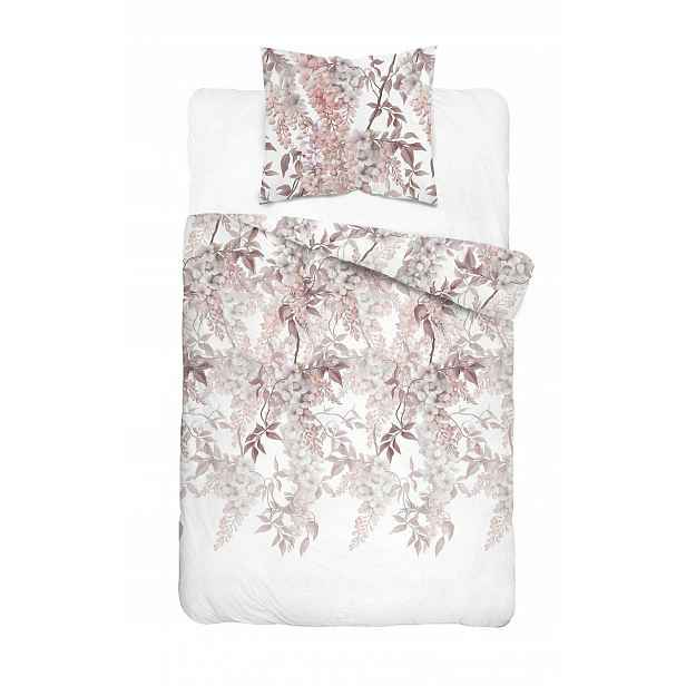 Povlečení Home Satin 140x200 bílé s růžovo-pudrovými květy glycinu