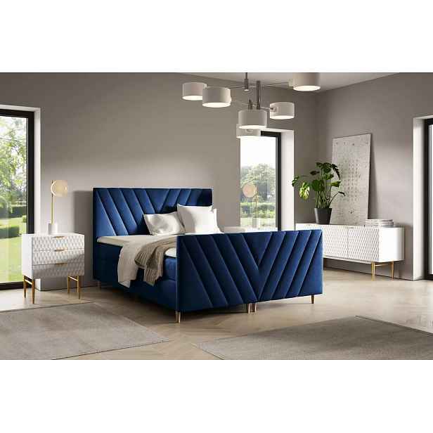 Kontinentální postel 160x220 ANAMARI PLUS - tmavě modrá + topper ZDARMA
