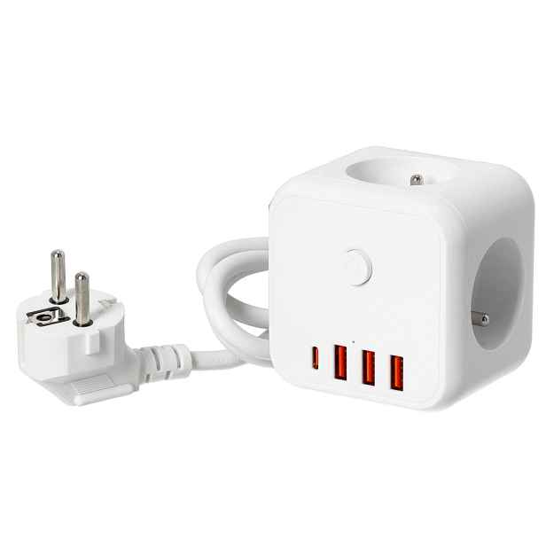 Prodlužovací Kabel Usb Kostka 3-zásuvky 1,5 m s uzemněním a vypnutím 4xUSB Bílý