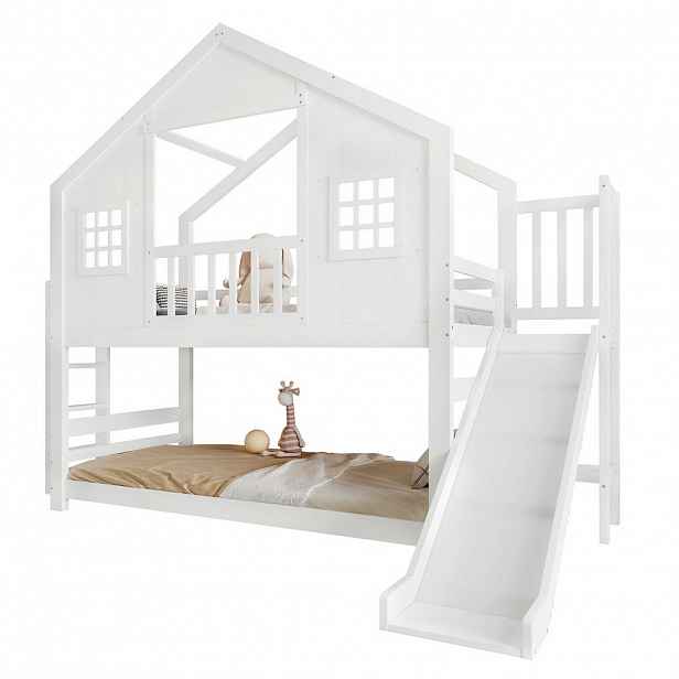 STILVORA ETAGENBETT 90/200 cm in Weiß Kinderbett mit Rutsche und Dachdesign
