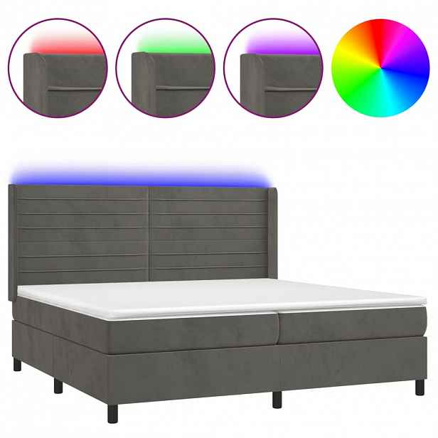 vidaXL Box spring postel s matrací a LED tmavě šedá 200x200 cm samet