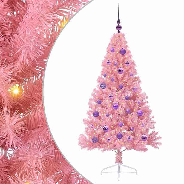 vidaXL Umělý osvětlený vánoční stromeček Růžová 150 cm PVC