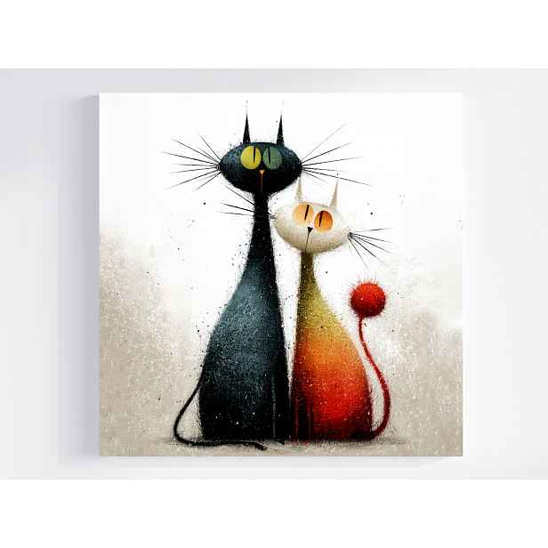Obraz Na Plátně Canvas Grafika Dvě Kočky Černá Rudá Přátelství Láska 50x50