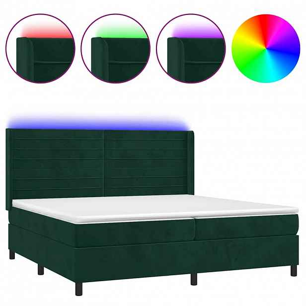 vidaXL Box spring postel s matrací a LED tmavě zelená 200x200 cm samet