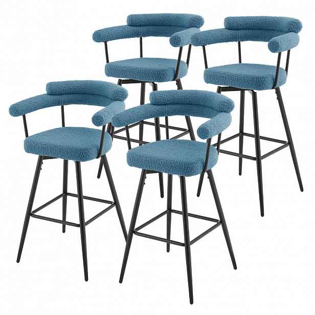 ML-DESIGN BARHOCKER 4ks sada otočná modrá s plyšovou látkou, výška 76 cm