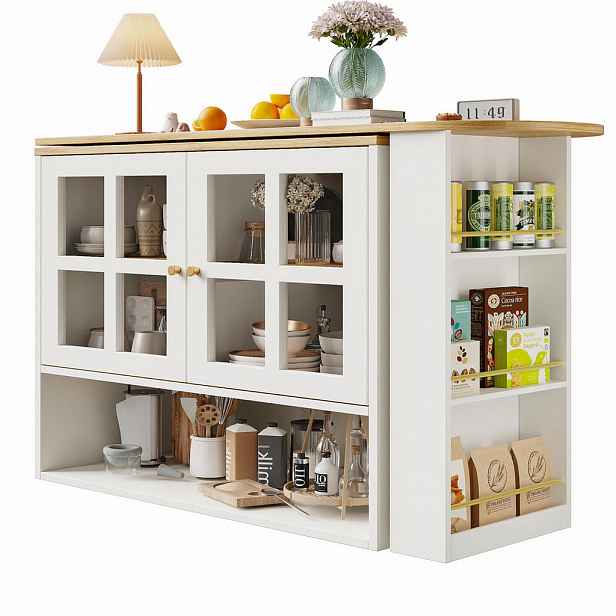 Modfu OTOČNÝ barový stůl z MDF 138–204x39x102,5 cm bílý s tvrzeným sklem, výsuvnou délkou a úložným prostorem