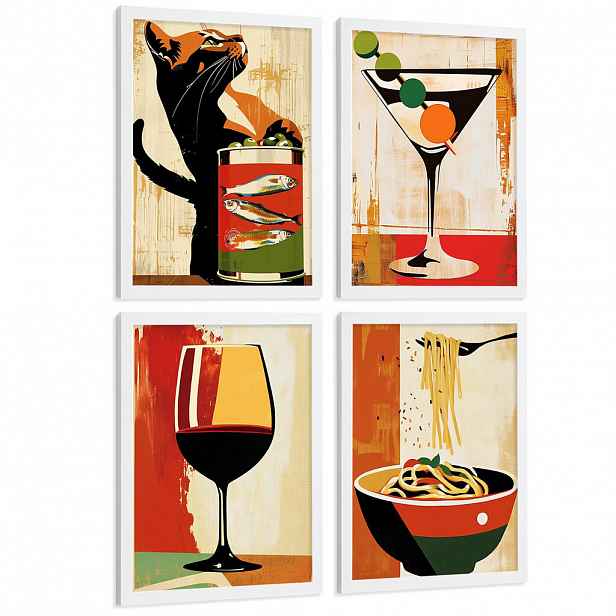 Nacnic PLAKAT Sada 4 Vintage Cat A3 Bílý rám