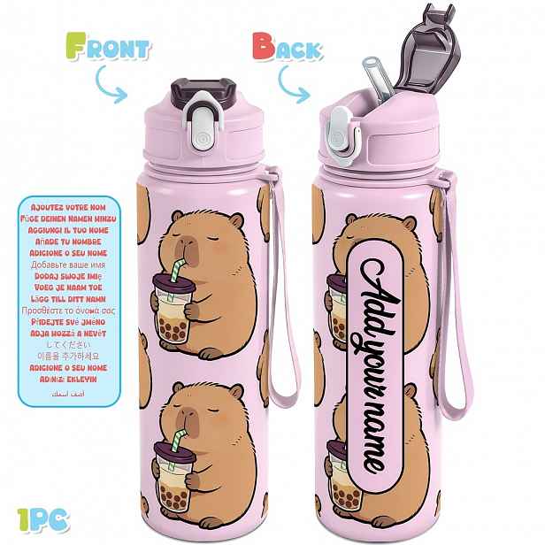 TEMU 1 ks, Personalizovaná 25oz láhev na vodu 750ml, nepropustná láhev na vodu s vlastním jménem, roztomilý design kapybary s boba, izolovaný