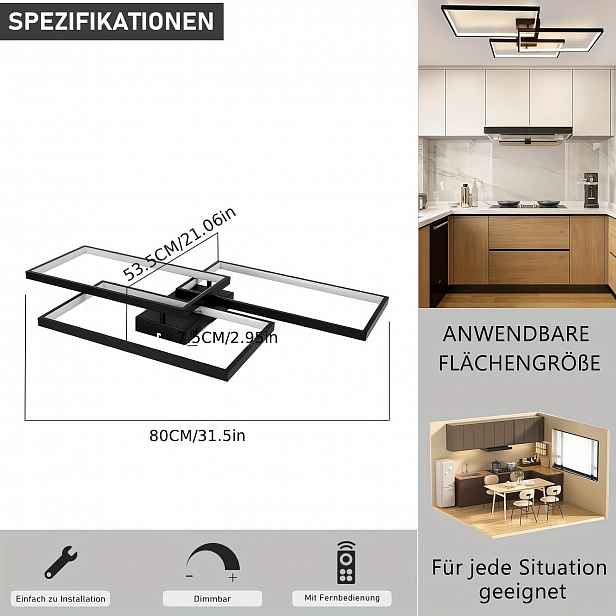 TEMU LED Stropní Svítidlo, Závěsné Svítidlo do Obýváku, Černé - 80 cm, Dálkové Ovládání, Svítidlo do Ložnice, Obdélníkový Kovový Design, Jednoduché a