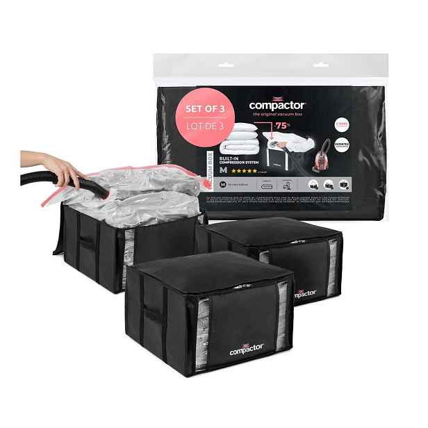 Černé vakuové plastové úložné boxy v sadě 3 ks 42x40x25 cm Black Edition – Compactor