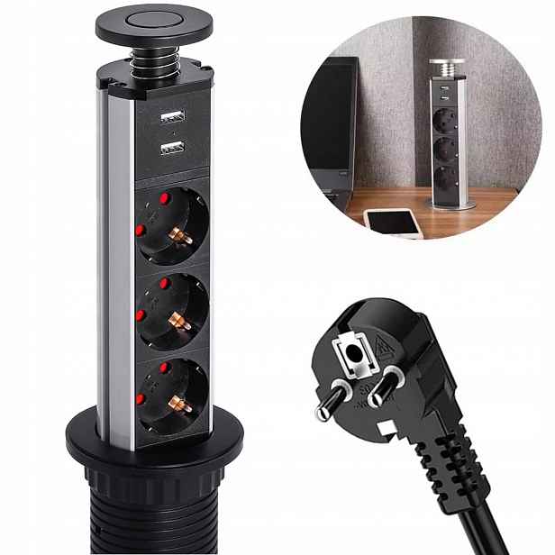 Prodlužovací Kabel stolní zapuštěný 60 mm, 3 zásuvky 2 Usb W, Desková Deska