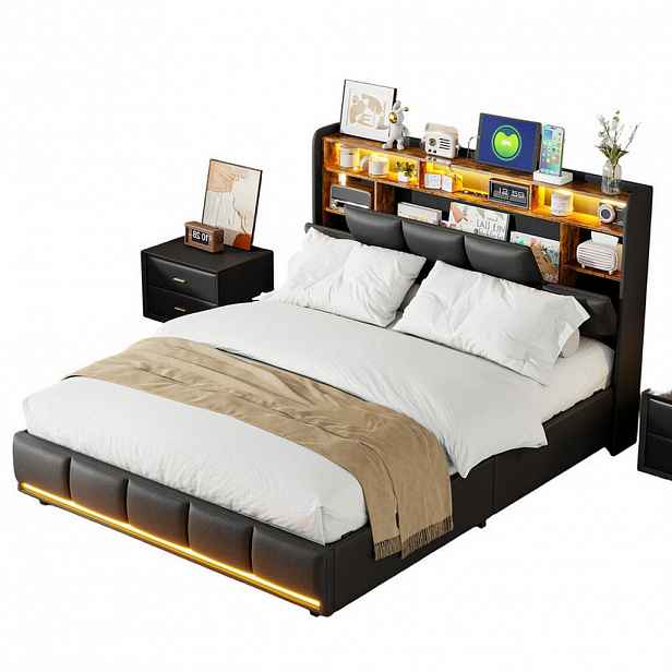 SHOPENTRA ČALOUNĚNÁ postel 140x190 cm černá LED USB plynový výtah box