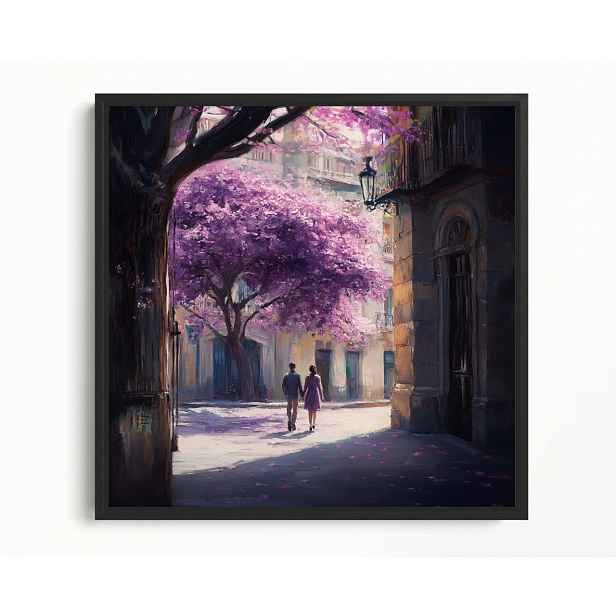Obraz Rám Americký Box Akvarel Město Fialové Dřevo Pár Procházka 60x60