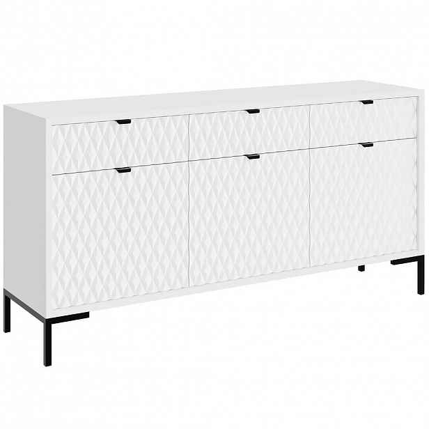 Beautysofa KOMODA Montreal se 3 dvířky a 3 zásuvkami, dekorativní 3D čela, 150 cm, bílá