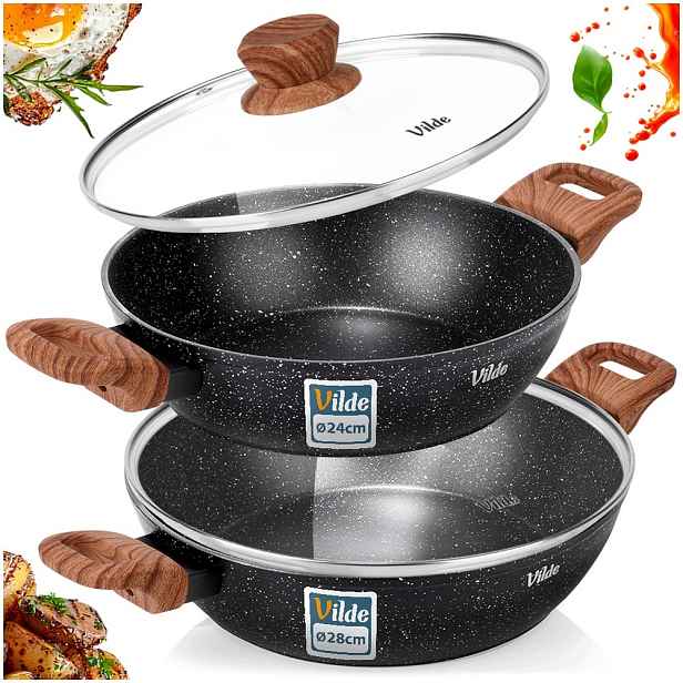 2x Granitová pánev na smažení, dušení, sada pánví 24 cm 28 cm