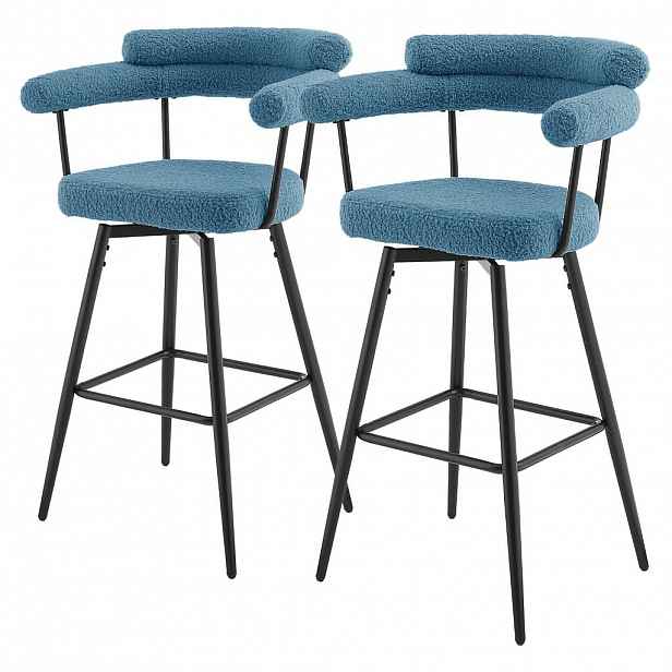 ML-DESIGN SADA 2 otočných barových židlí, modré s plyšovým potahem, výška 76 cm