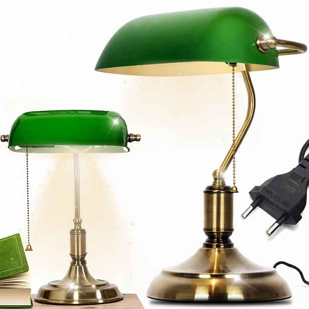 Stolní Lampa Vintage Bankéřská Noční Zelená Skleněná Stínidlo Retro E27