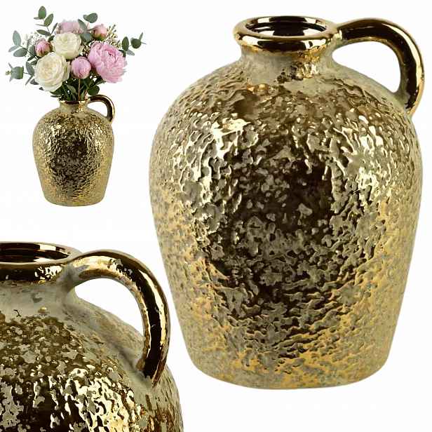 Zlatá keramická váza Yarine Gold 24 cm s uchem, váza na živé květiny
