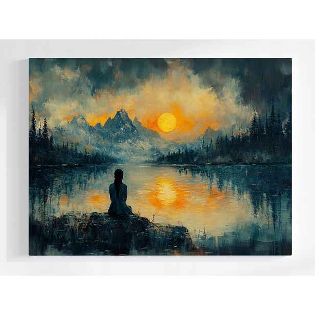 Plakát Krajina Hory Jezero Slunce Postava Meditace 100x75