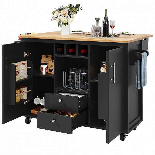 Modfu KUCHYŇSKÝ ostrůvek z MDF a kovu 137,9x73x92,2 cm černý se sklápěcí deskou, policí na víno a 5 kolečky