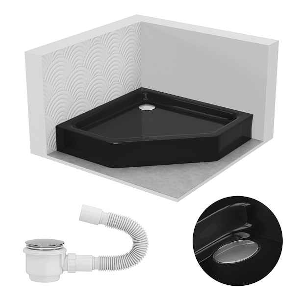 Pětiúhelníková sprchová vanička 80 x 80 cm Comfort černá vysoká 14 cm sifon