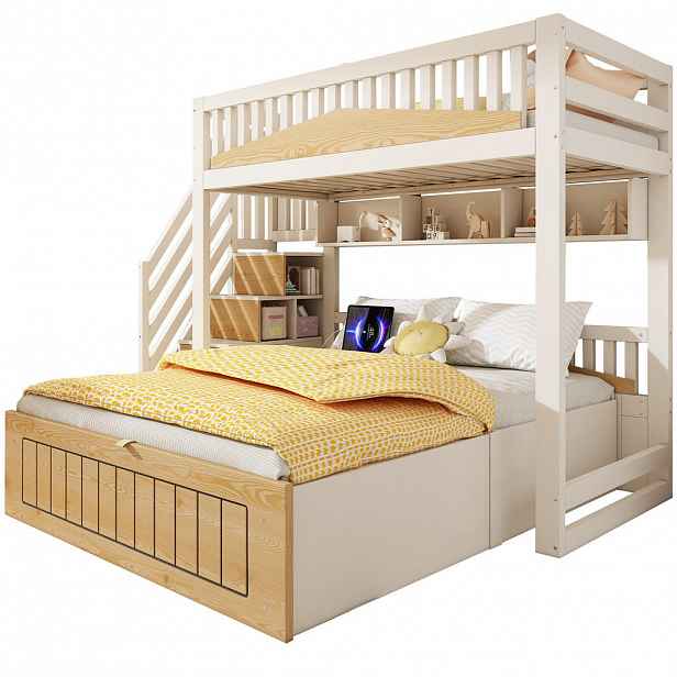 STILVORA ETAGENBETT 90/200 cm & 140/200 cm in Weiß & Natur Kinderbett mit Stauraum, Treppenschrank und USB-C