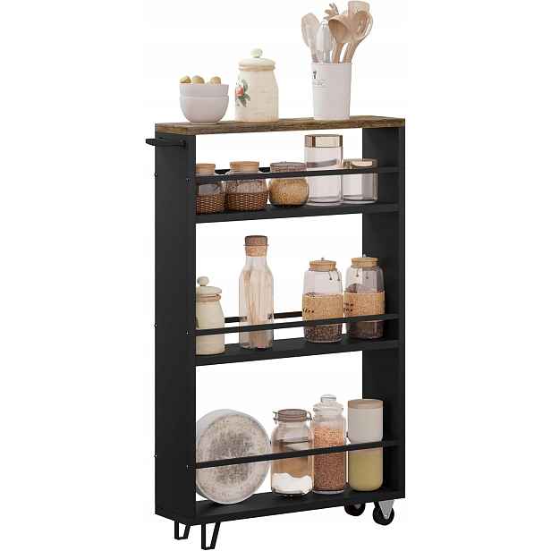 Woltu Kuchyňský Vozík Regál Černý Bronz Vintage 3 Úrovně Kolečka 47 x 13 x 80