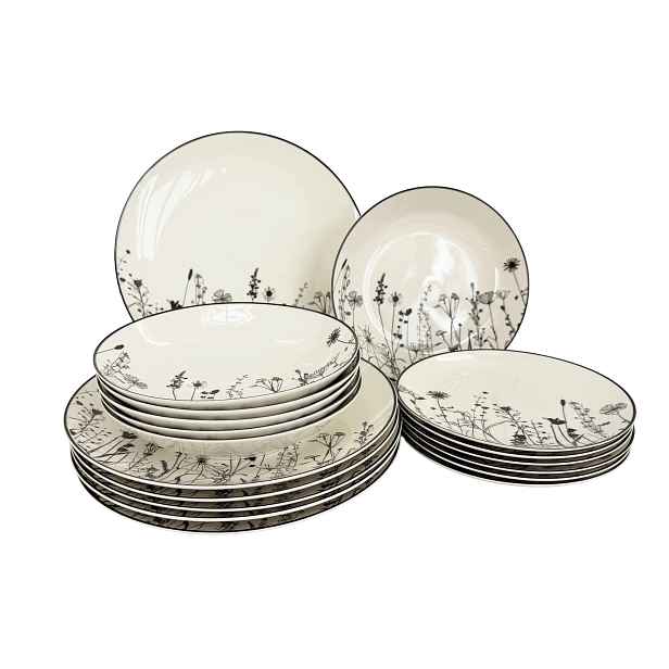 18dílná sada porcelánových talířů Linea Garden černý dekor, by inspire