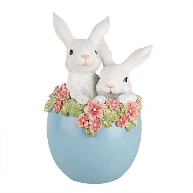 Dekorace králíci v modrém vajíčku s květy - 13*12*21 cm Clayre & Eef