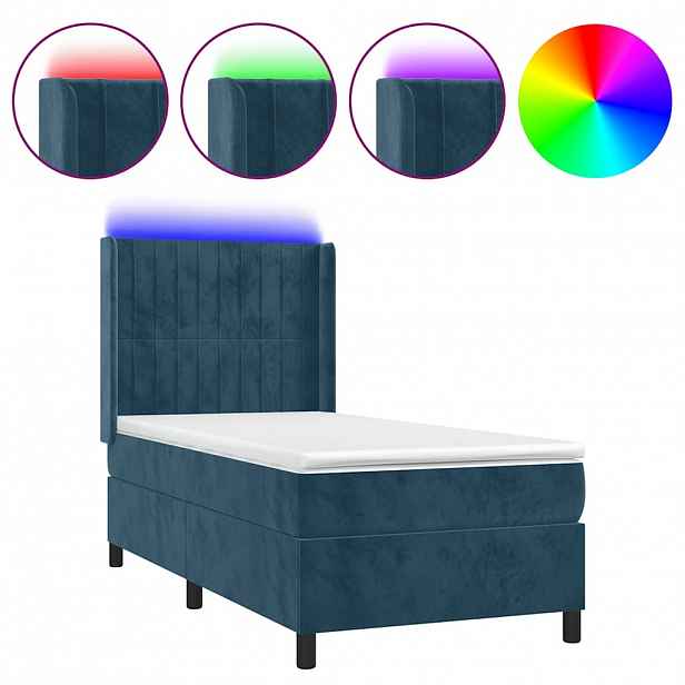 vidaXL Box spring postel s matrací a LED tmavě modrá 90x190 cm samet