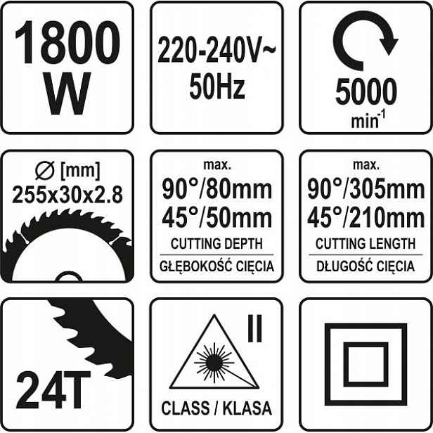 Pokosová Pila 230 V, 1800 W, 255 MM, S Laserem