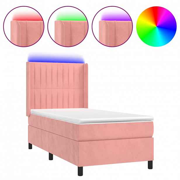 vidaXL Box spring postel s matrací a LED růžová 90x190 cm samet