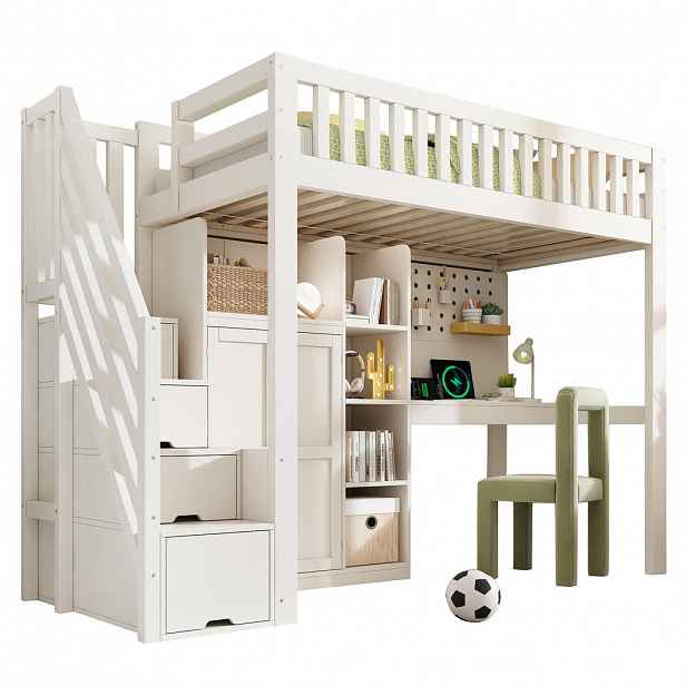 STILVORA HOCHBETT 90/200 cm in Weiß mit Schreibtisch, Kleiderschrank, Regal und USB/Type-C