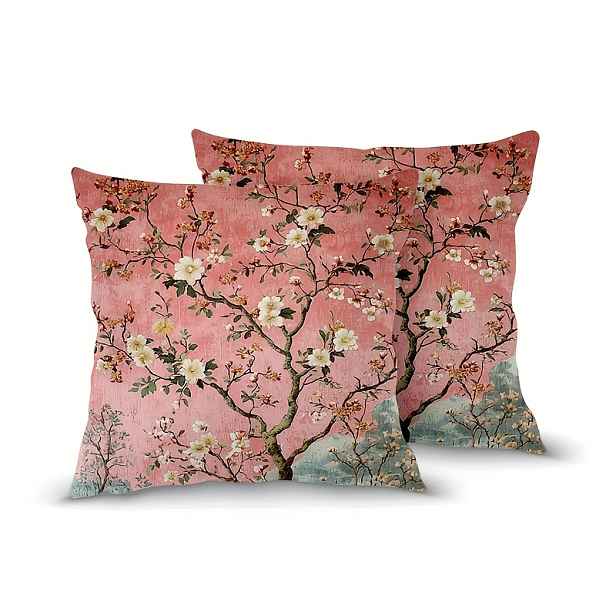 TEMU 2 ks, Jarní letní krátké plyšové povlaky na polštáře, oboustranný tisk, 18 x 18 palců, vintage chinoiserie růžové květiny a větve, povlak na