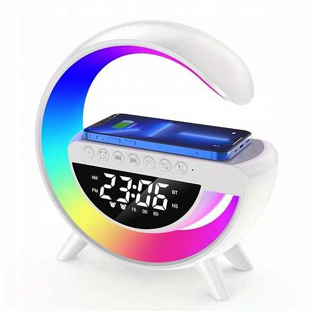 Inteligentní Rgb Led lampa s nabíječkou Qi Bluetooth reproduktor Budík