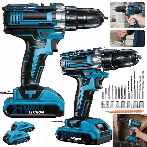 21V bezdrátová vrtačka s 2 rychlostními stupni 0-1300 ot/min, 1500 mAh pro dřevo a betonu