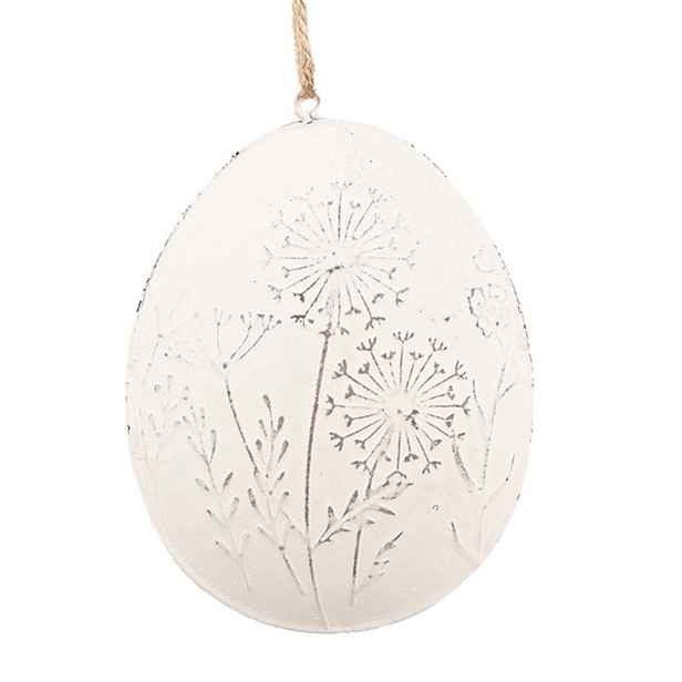 Bílé antik plechové závěsné vajíčko s kytičkama I - 10*2*8 cm Clayre & Eef