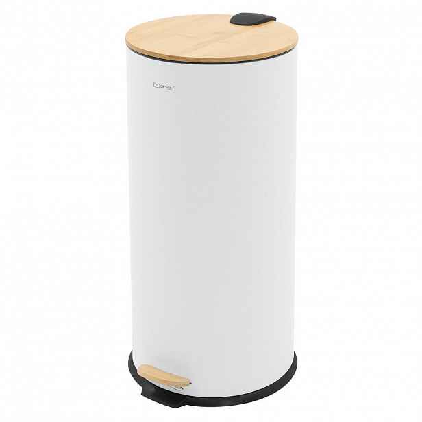 ML-DESIGN KOŠ NA ODPADKY 30 L s pedálem a bambusovým víkem, kulatý, bílý, z oceli