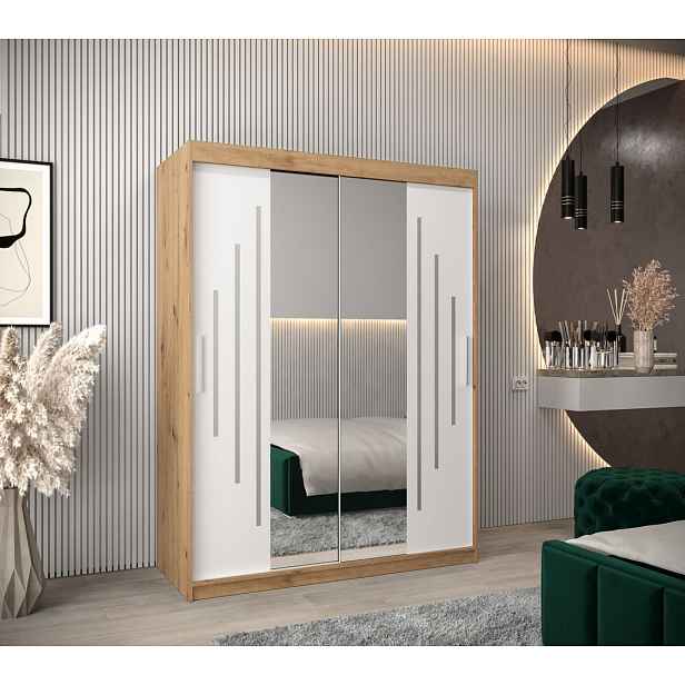 Šatní skříň se zrcadlem KATI - šířka 150 cm, dub artisan / bílá