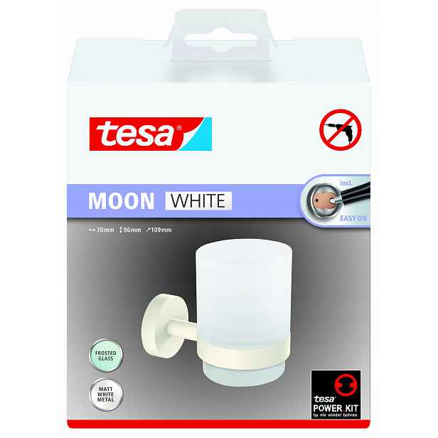 Tesa Moon Držák do koupelny a skleněný hrnek na kartáčky, kov, bílý