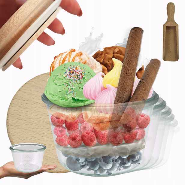 Sklenice Weck 370 ml zavařeniny Mold žáruvzdorné dřevěné víko 6 Ks odměrka