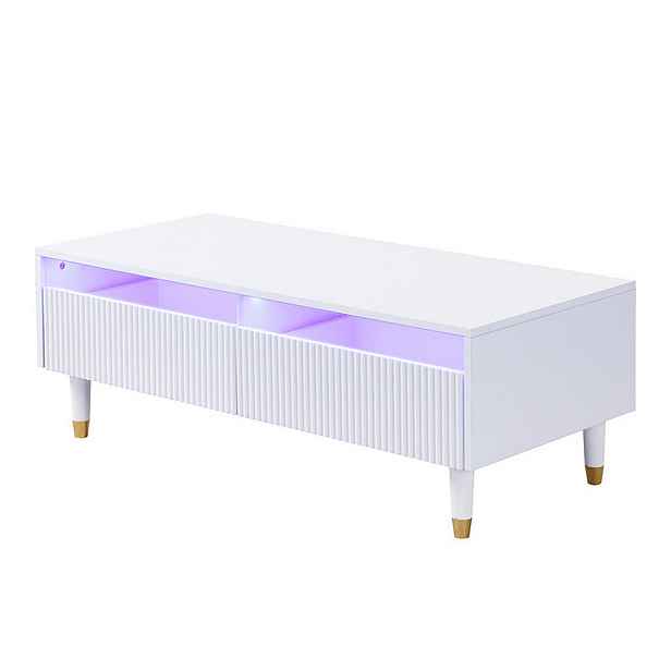 EVRYAE KONFERENČNÍ STOLEK 90 cm se sklem a LED efektem povrch ve vysokém lesku úložný prostor Bílá